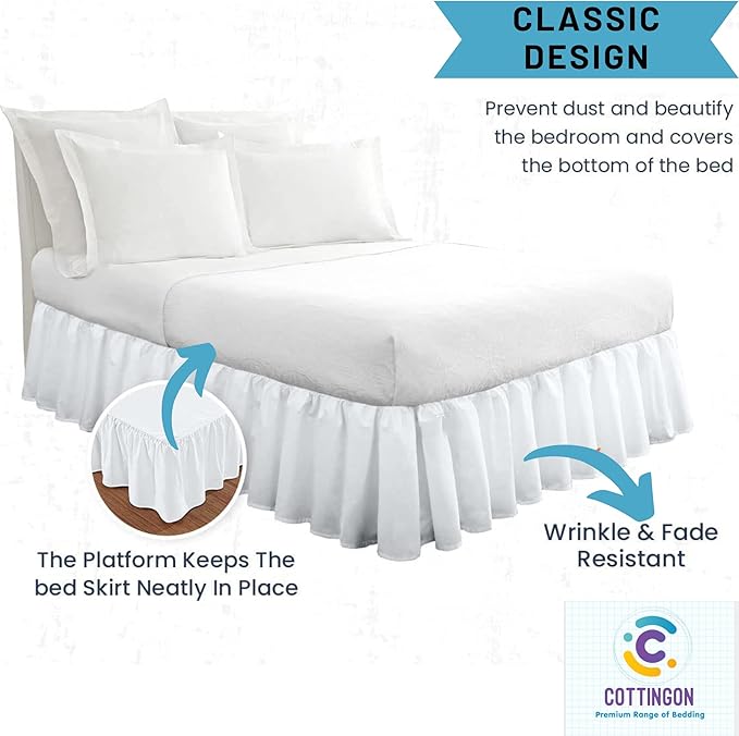 Ruffled Bed Skirt with Split Corners-Dust Ruffle - 16" Drop 100% Microfiber Soft,Sheen & Luxurious Look - Bed Skirts (White -King)