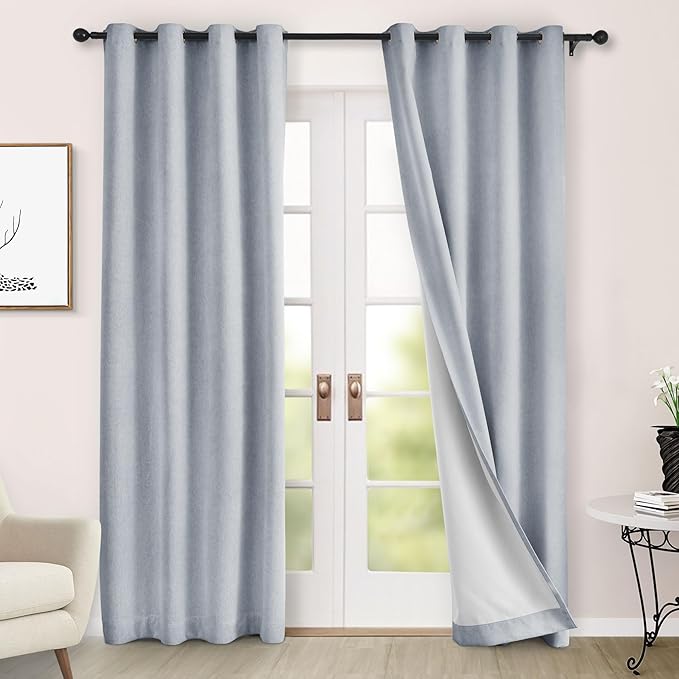 Macochico 100% Blackout Curtains Insulted Window Panels for Bedroom Living Room Dining Room Luxury Chenille Curtains Classic Home Decor Gray Blue Curtains with Tieback 52" Wx72 L Grommet 1 Panel