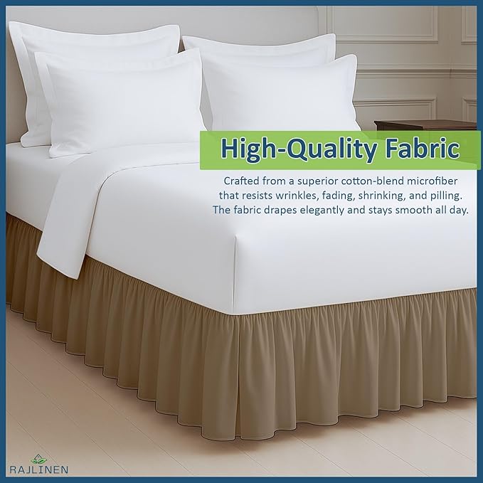 Rajlinen Ruffled Bed Skirt Full, 12 Inch Drop Dust Ruffle with Split Corners, 100% Microfiber Bedskirt with Platform, Three-Sided Coverage Ruffled Gathering Design, Taupe