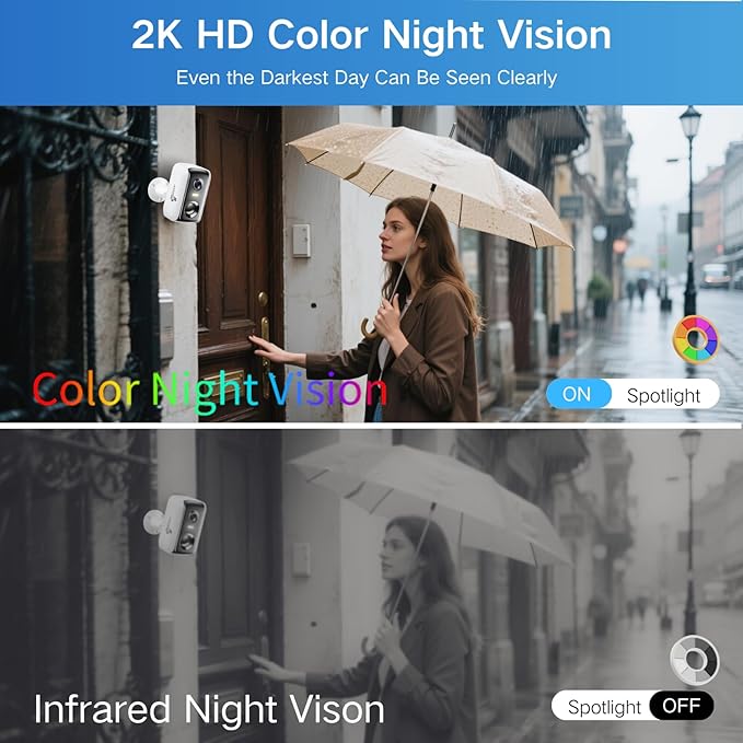Solar Security Cameras Wireless Outdoor, 2K Outside Security Wireless WiFi Cameras, Battery Powered Outdoor Cameras with Solar Panel, Color Night Vision, 2.4G/5.8G WiFi, 2-Way Audio, PIR Motion Sensor