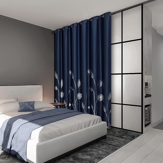 Blackout Curtain for Patio Door 80W x 84L Inch Long Silver Palm Tree Pattern - Image 2
