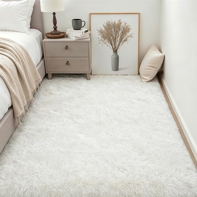 Area Rug Living Room Bedroom: 5x7 Fluffy Plush Shag Carpet Ivory | - Image 3