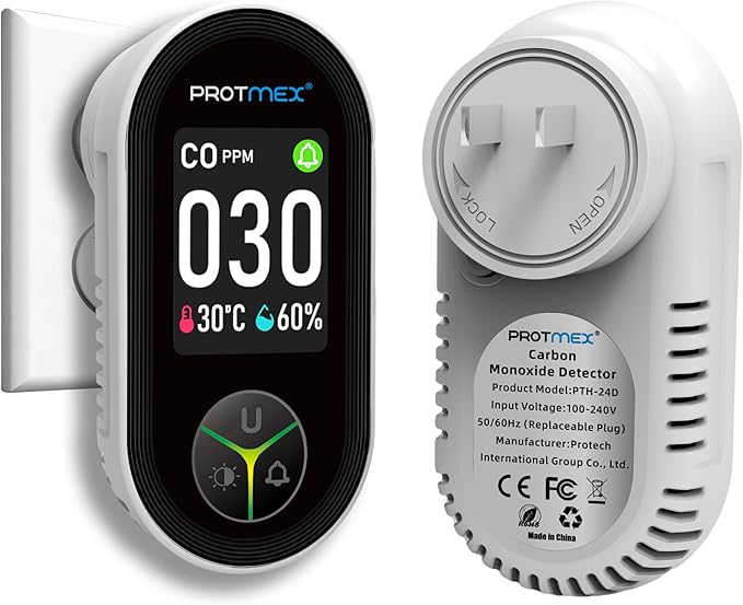 Protmex Carbon Monoxide Detector Plug in Wall, 3-in-1 Co Detector Monitor Air Quality with Temperature Humidity Sensor, Portable CO Meter Easy to Read & Install, for Home/Hotel/RV