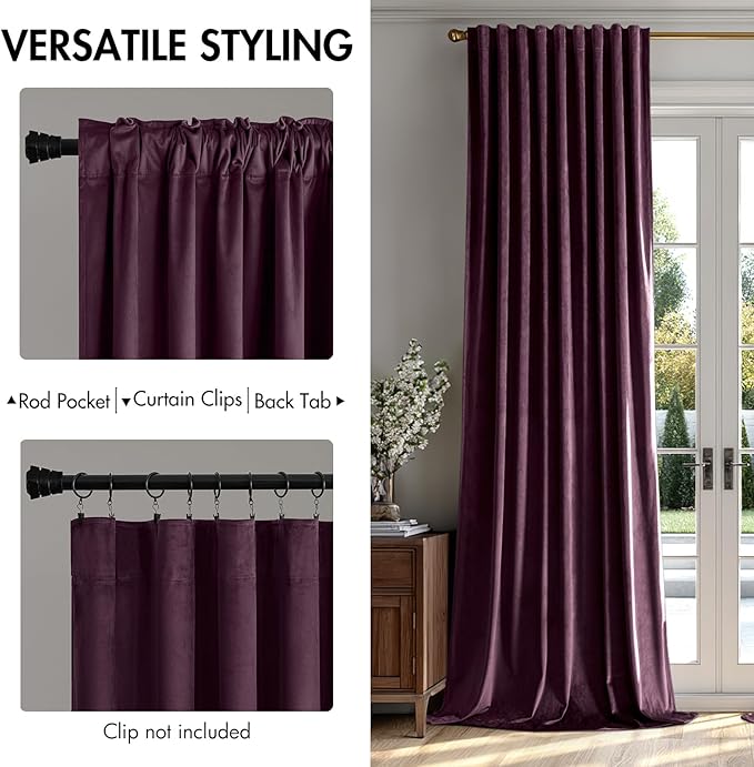 MIULEE Dark Purple Velvet Curtains 52x90 inches Luxury Blackout Curtains | - Image 2