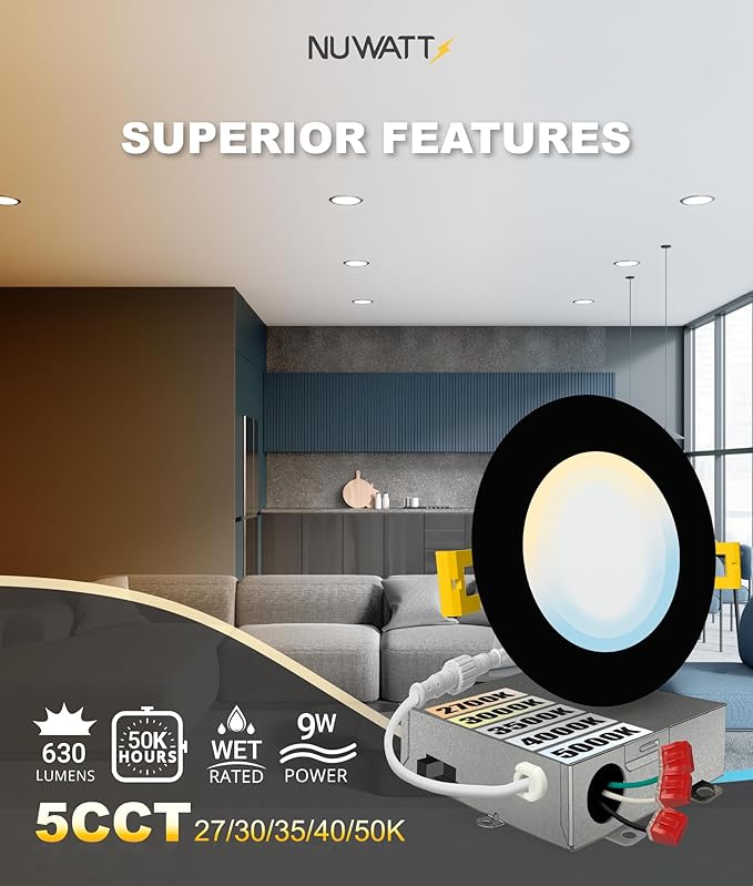 NUWATT 6 Pack, 4 Inch Ultra-Thin LED Recessed Lighting Black, 5CCT 2700K/3000K/3500K/4000K/5000K Selectable, 630LM, 9W, IC Rated, Dimmable Canless Wafer Light, Damp Rated Pot Lights with Metal J-Box