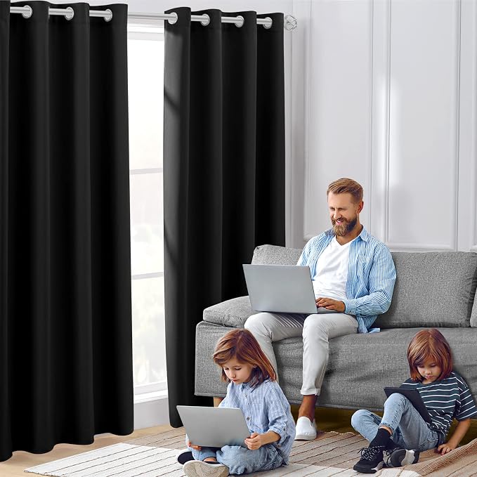 HOMEIDEAS Blackout Curtains for Bedroom 52 X 84 Inch Long 2 Panels Set Black - Image 2