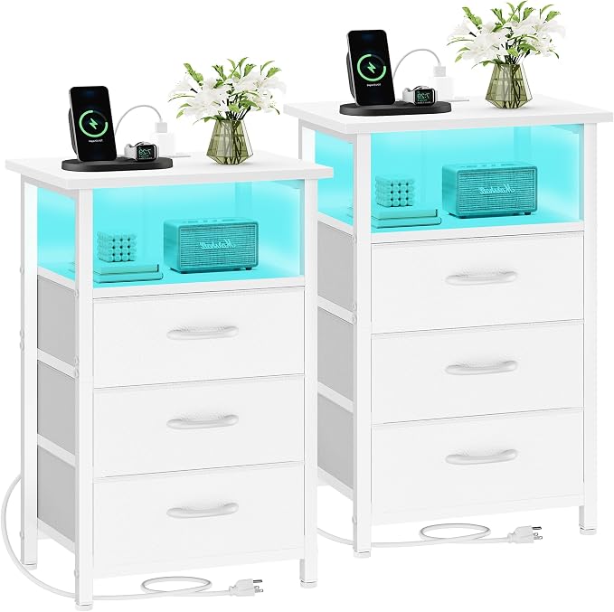 Night stand Set 2 with Charging Station, LED Nightstand by Vagusicc