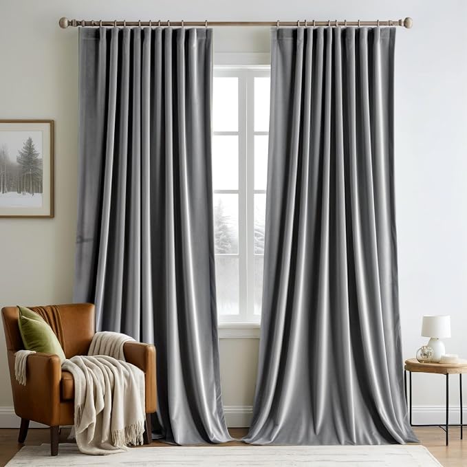 MIULEE Grey Velvet Pinch Pleat Blackout Curtains W52 X L96 Inches | 2 Panels by MIULEE