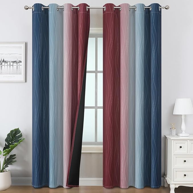 Navy Blue and Burgundy Red Ombre Blackout Bedroom Curtains 102 Inches Long | by ESTELARTEXTILER