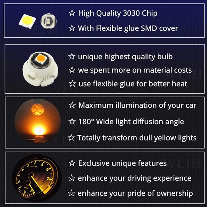 WLJH Yellow Climate Control Panel Lights A/C Dashboard Dash Heater Indicator Light Switch Led Bulbs Replacement Kit For Camry Corolla Tacoma Matrix, Pack of 10