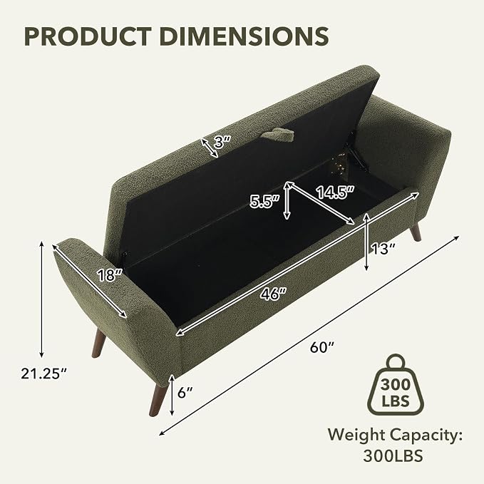 60" Wide Storage Ottoman Bench, Teddy Upholstered End of Bed Bench - Image 2