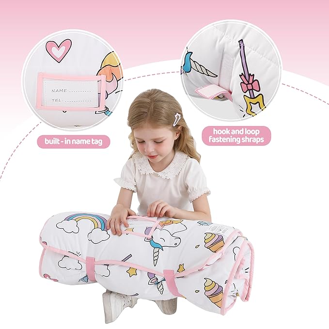Viviland Toddler Kid Nap Mat for Preschool, White Unicorn Slumber Bag, Daycare Sleeping Bag with Pillow and Blanket, Kindergarten Sleep Mat