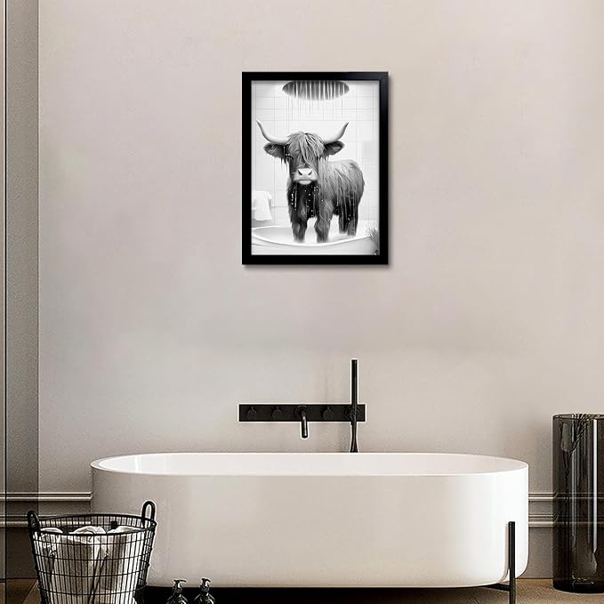 OIQArtOIQ Funny Bathroom Framed Wall Art Black and White Animal Canvas Wall Art - Image 2