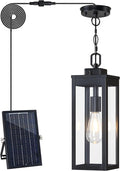 15'' Large Solar Pendant Light Outdoor, Modern Outside Chandelier Outdoor Hanging Lantern, Black with Clear Glass, Exterior Pendant Lighting Fixture Ceiling Mount for Porch, Entryway, Gazebo, 1 Pack