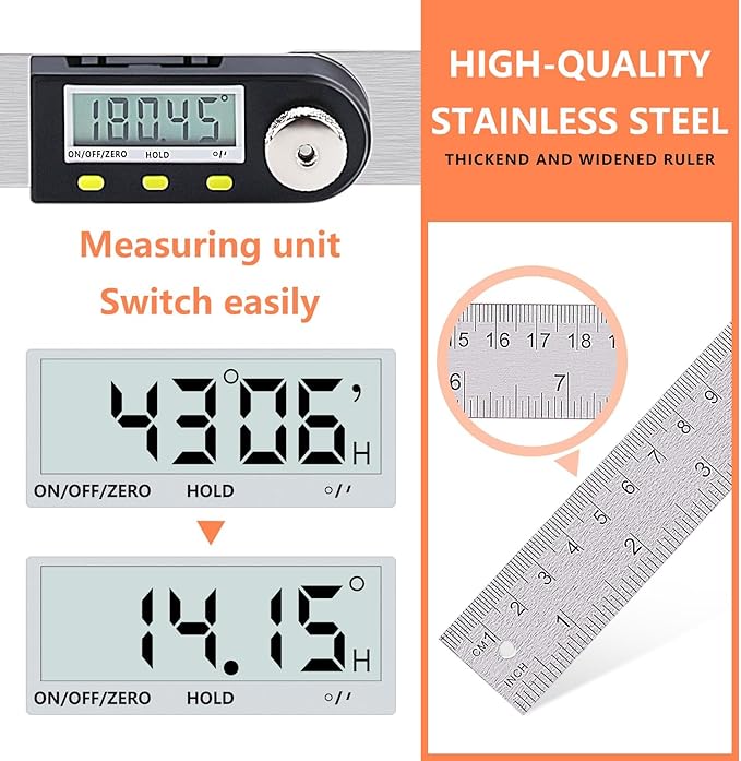 Yanguotool Digital Angle Ruler: 200mm/8-Inch Protractor Finder with Stainless Steel Ruler, Ideal for Woodworking, Construction, Level Measuring