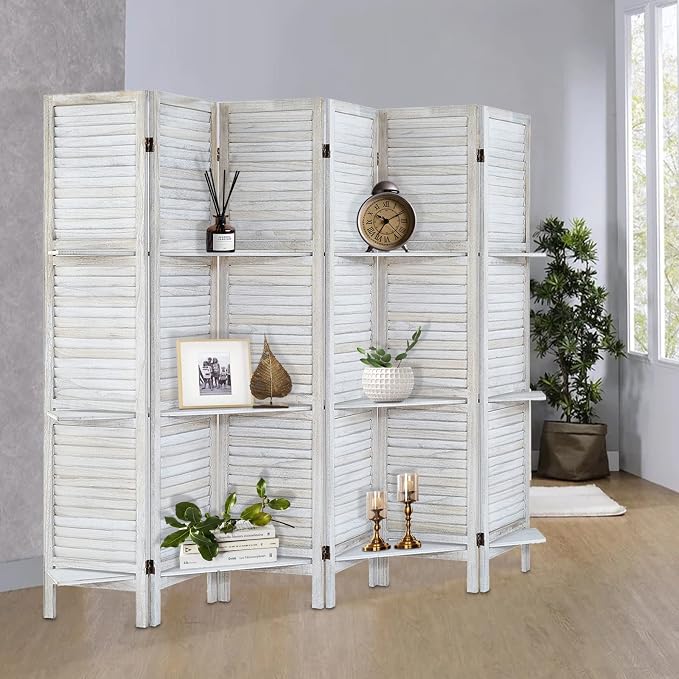 Room Divider with Shelves, 6 Panel Distressed White | Partition Room Dividers - Image 2
