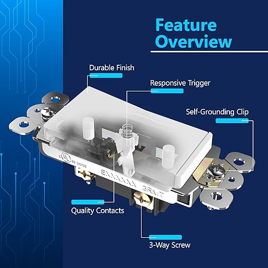 LIDER Matte White Minimalist Design Decorator Switch, Frameless Paddle Wall Light Switch, On/Off Rocker Switch, 3-Way or Single Pole, Residential Grade, UL Listed, 3 Wire, 15A 120-277VAC