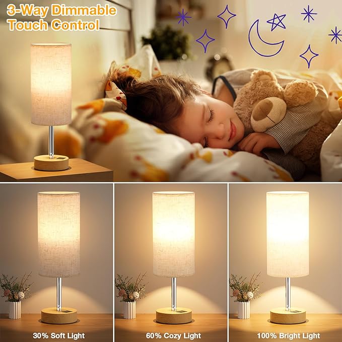 Dicoool Bedside Table Lamp Set of 2-3-Way Dimmable Touch Lamp, USB A+C | LED - Image 3
