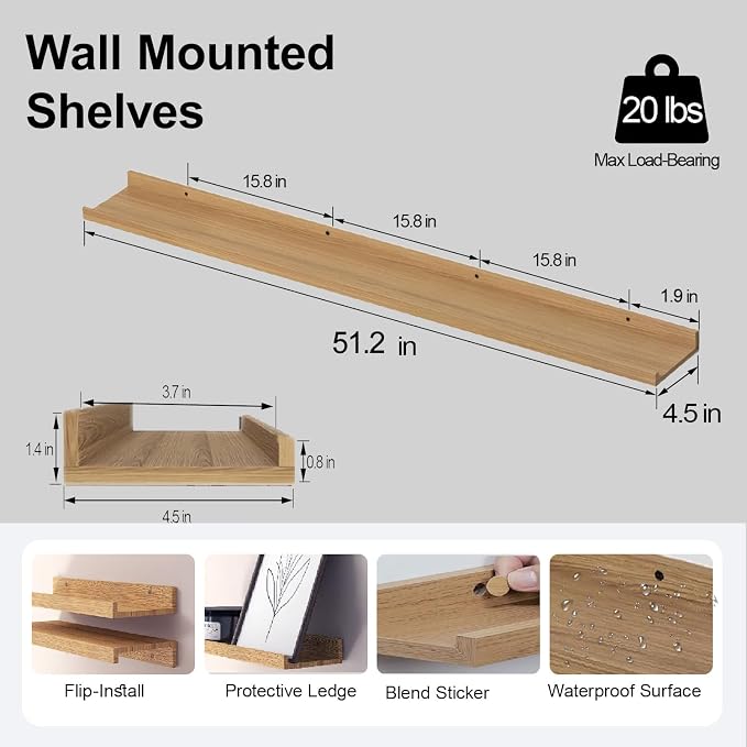 Oak Floating Shelves for Wall Decor, 52 in Shelf - Image 3