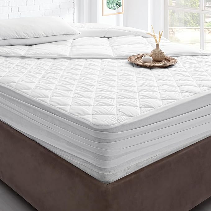 YATAS BEDDING Perle Quilted Fitted Mattress Protector, Machine Washable and Easy Care, Superior Protection and Comfort,100% Cotton Breathable top, White (Queen) - 59"x79" - 14" Deep Pocket