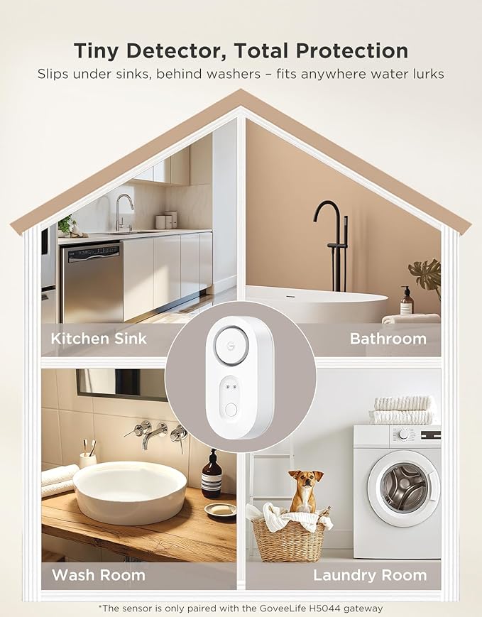 GoveeLife Water Leak Detector 3 Pack with 105dB Adjustable Alarm, Water Alarm with Dual Sets Sensor Probes Leaks and Floods. Suit for Home, Basement, and Kitchen(Cannot Connect to Wi-Fi Directly)