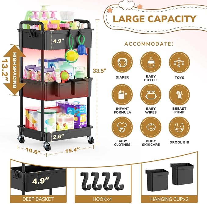 Goovilla Diaper Cart with Lockable Wheels and Easy Assembly, 3 Tier Black | - Image 4