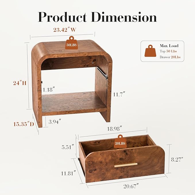 Night Stand 1 Drawer and 1 Storage Shelf Metal Handle Modern Sturdy Nightstand - Image 6