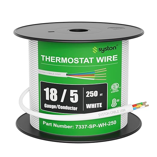 Syston 18/5 Thermostat Doorbell HVAC Heating Control Cable Wire, 18 AWG 5 Conductors 100% Solid Copper Conductors CL3R/FT4/CMR Riser-Rated, UV Resistant RoHS for Low Voltage Applications Use