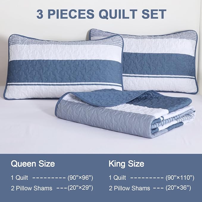 Dinjoy King Boho Striped Quilt Set, Mineral Blue Lightweight Bedspread | Soft - Image 7