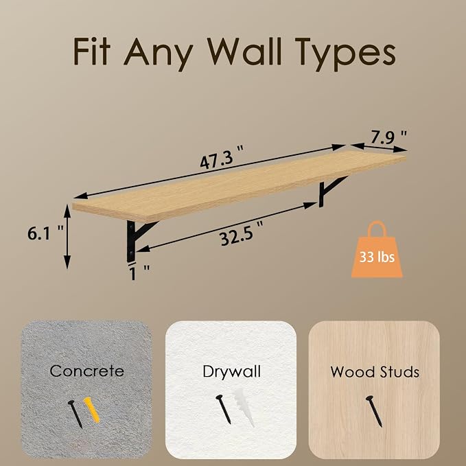 Long Wall Shelves, 47.3Inch Wooden Floating Shelves - Image 3