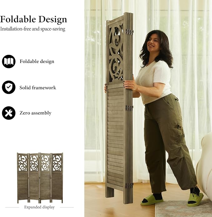 Room Divider Wood Carved Wall Divider Indoor Folding Portable Partition Screen - Image 4
