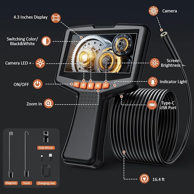 Endoscope Camera with Light: 4.3" Inspection Borescope Camera for Sewer - 16.4ft Waterproof Industrial Endoscope - Flexible Snake Bore Scope for Plumbing Automotive
