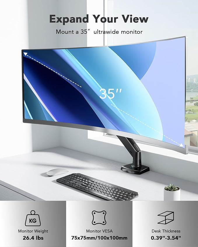 HUANUO Single Monitor Arm for 13-35 inch Screens,Ultrawide Computer Monitor Mount Holds 26.4lbs,Upgraded Adjustable Monitor Stand with USB,C-Clamp&Grommet Base,VESA 75x75/100x100mm(Black)
