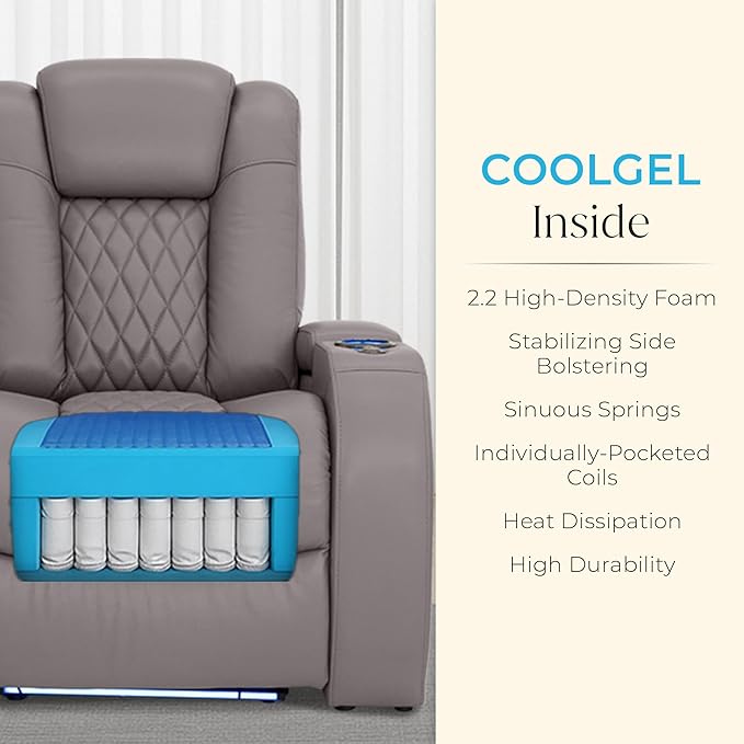 Seatcraft Diamante Zero-Gravity CoolZero Italian Leather Home Theater Seating, Power Headrest, Power Recline, Single Recliner, Gray