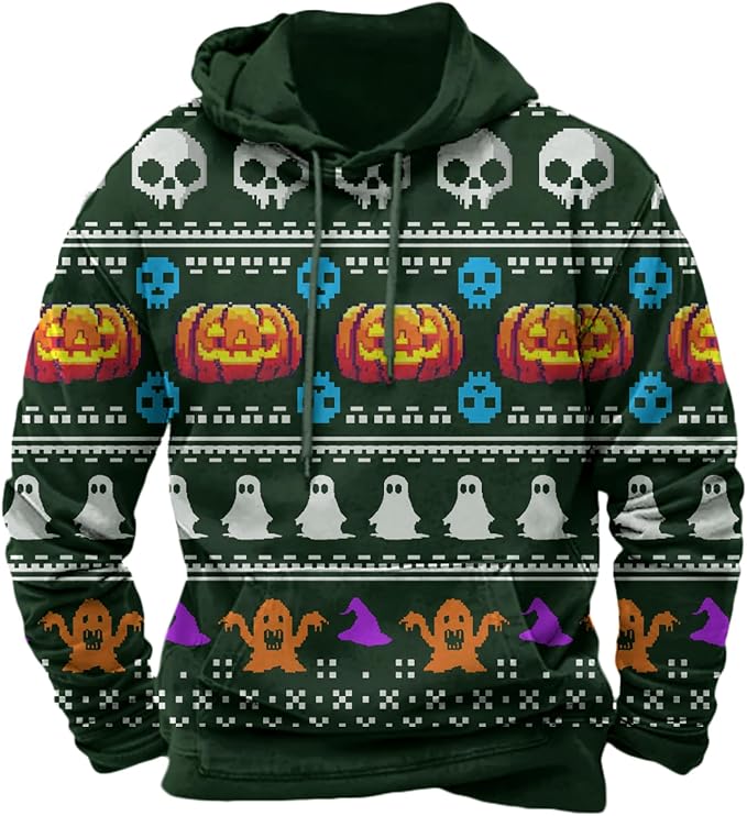 Halloween Hoodie Men Graphic Pumpkin Ghost Printed Sweatshirt Casual Trendy Long Sleeve Halloween Hooded Tops with Pockets