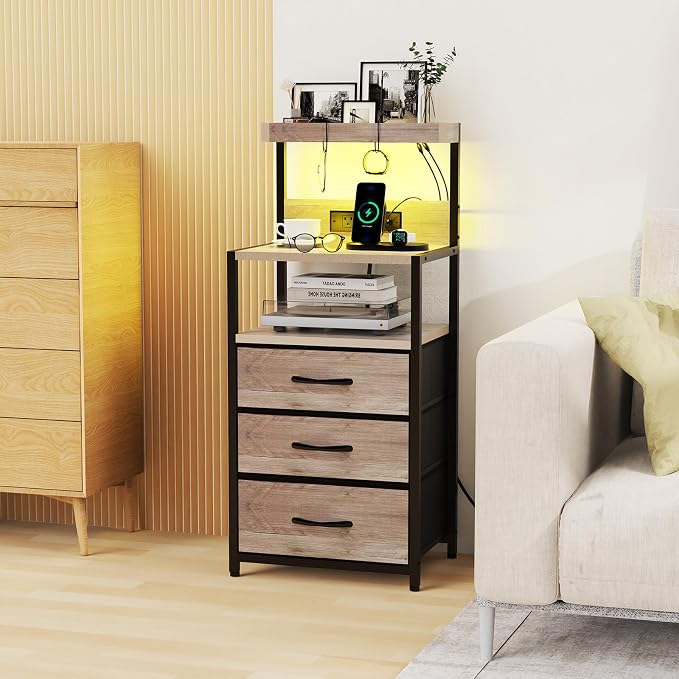 SZLHANJZ LED Night Stand with Charger Station, 3 Fabric Drawers, Greige | - Image 8