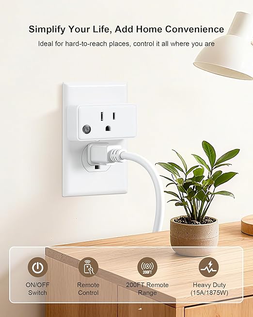 TREEWELL Remote Control Outlet, 200FT Long Range Wireless Light Switch, Mini Electrical Outlet Plug, 15A/1875W High-Power for Lamps, Lights, Household Appliances, FCC & ETL Listed