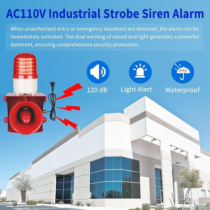 kbaoele AC110V Industrial Siren Alarm Strobe Light-120dB Loud Horn&Red Beacon Warning Light,Waterproof Indoor/Outdoor Safety Alarm for Emergency,Factory,Office,Fires,Tornado,Intruders,Animal Deterrent