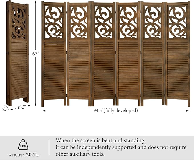 Svimi Folding Room Divider, 5.6Ft 6 Panels Wood Carved Privacy Screens - Image 6