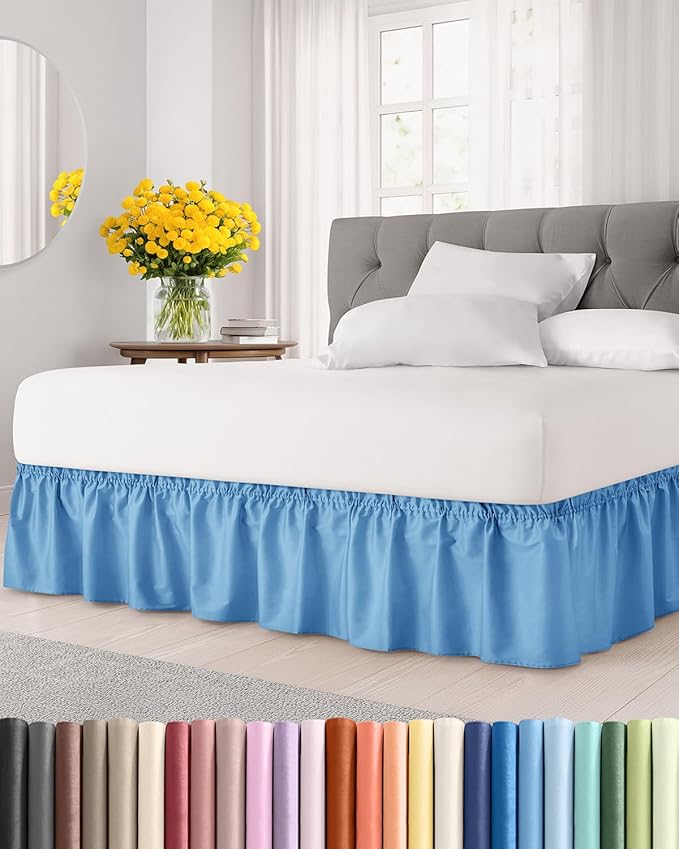 Wrap Around Dust Ruffle Bed Skirt - Denim Blue - Twin/Twin XL Size Beds with 12 Inch Drop - Elastic Strap - Adjustable Pleated Bedskirt with Brushed Fabric and Wrinkle Free - Women, Men, Kids & Teens