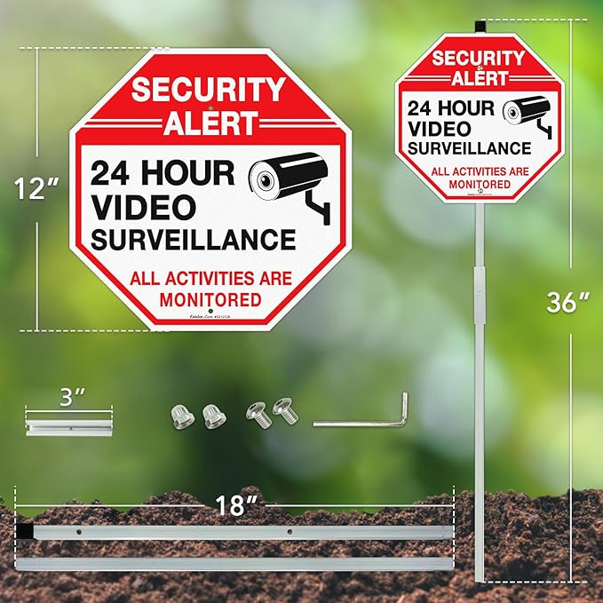 Faittoo Security Sign Video Surveillance Sign with 36" Stake for Outside, 12"x12" Rust Free Heavy Aluminum, Reflective, Fade Resistant, 2 pre-drilled holes, Includes Matching Screws & Wrench