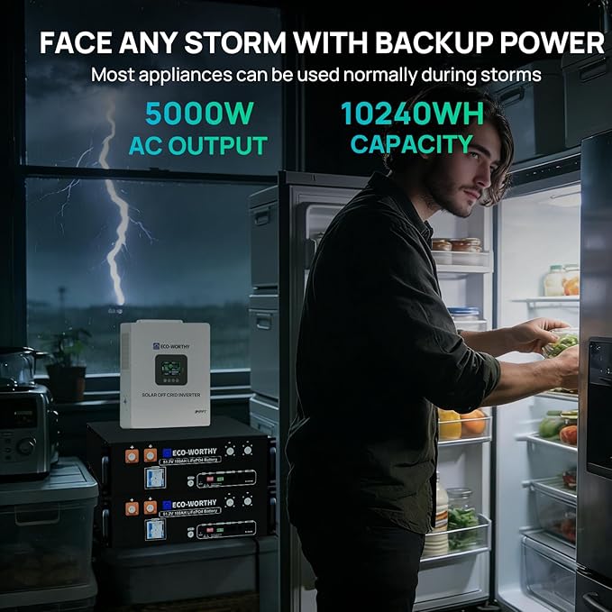 ECO-WORTHY Home Power Station Backup Power,10240Wh LiFePO4 Battery Support Communication、Bluetooth and WiFi,AC 5000W Inverter, 2Hr/5Hr Fast Charge,for Home Backup,Emergency,Solar System Components