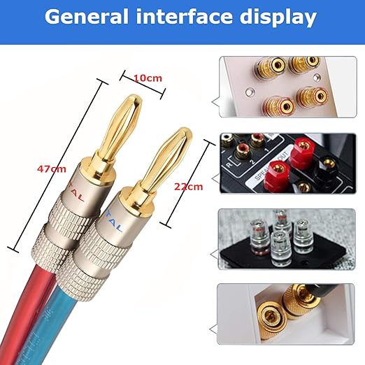 AutCreation Speaker Cable Wire with Banana Plugs,14 AWG HiFi Pure Copper Speaker Wire,99.9% OFC Stranded Copper Wire,Gold Plated Banana Tip Plugs,Red/Blue (3M(9.8ft))