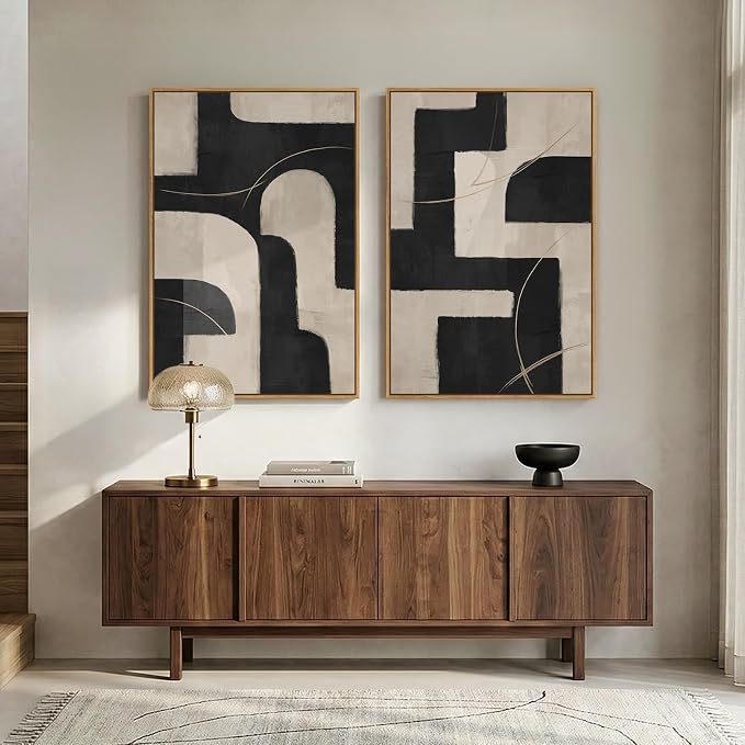 Large Framed Neutral Black and Beige Abstract Wall Art Set of 2, 24x36 In | 2 - Image 2
