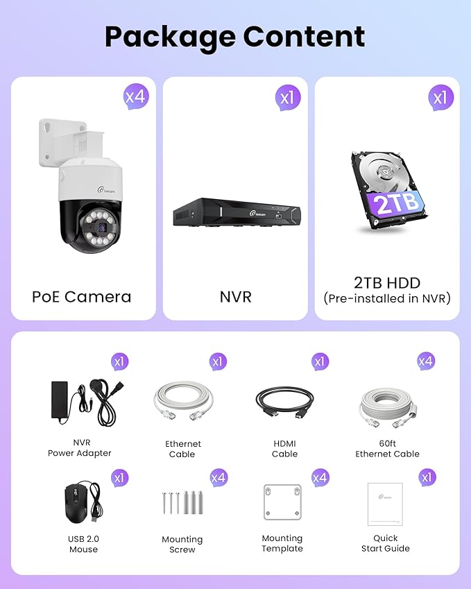Loocam Camera for Home Security, POE Security Camera System with 4pcs Pan & Tilt Camera for Indoor Outdoor, Person/Vehicle Detection, Color Night Vision, 4K 8CH NVR 2TB HDD Included, Plug & Play