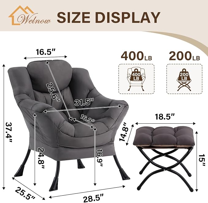 Welnow Lazy Chair with Ottoman, Reading Chair with Footrest, Dark Grey | A Side - Image 3