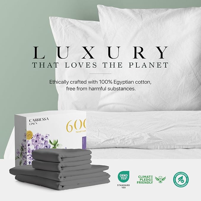 Carressa Linen 100% Egyptian Cotton Queen Sheet Set - 600 Thread Count Egyptian Cotton Queen Sheets Set (4 PC, Graphite Gray), Ultra Soft, Cooling, 16" Deep Pocket Sateen Weave Luxury Hotel Bed Sheet