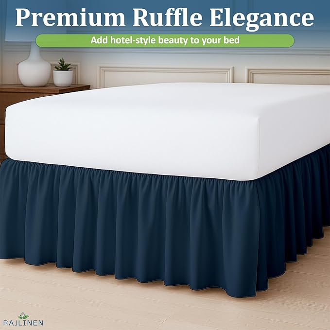 Rajlinen Ruffled Bed Skirt King, 16 Inch Drop Dust Ruffle with Split Corners, 100% Microfiber Bedskirt with Platform, Three-Sided Coverage Ruffled Gathering Design, Navy Blue