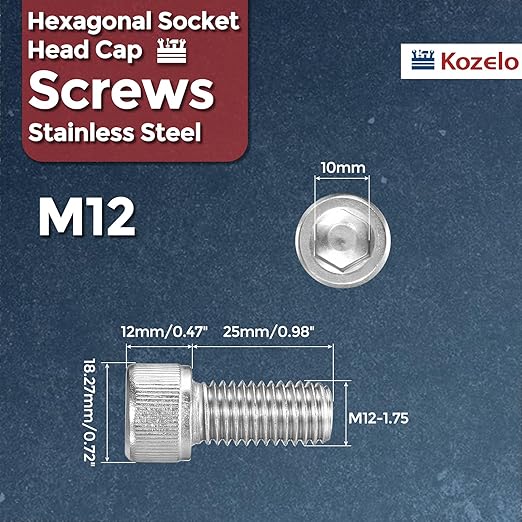 Kozelo 4pcs Socket Head Cap Screws - [M12-1.75 x 25mm] 304 Stainless Steel Allen Socket Drive for Electrical Motor 3D Printing Fan Engine Replacement Use, Silver