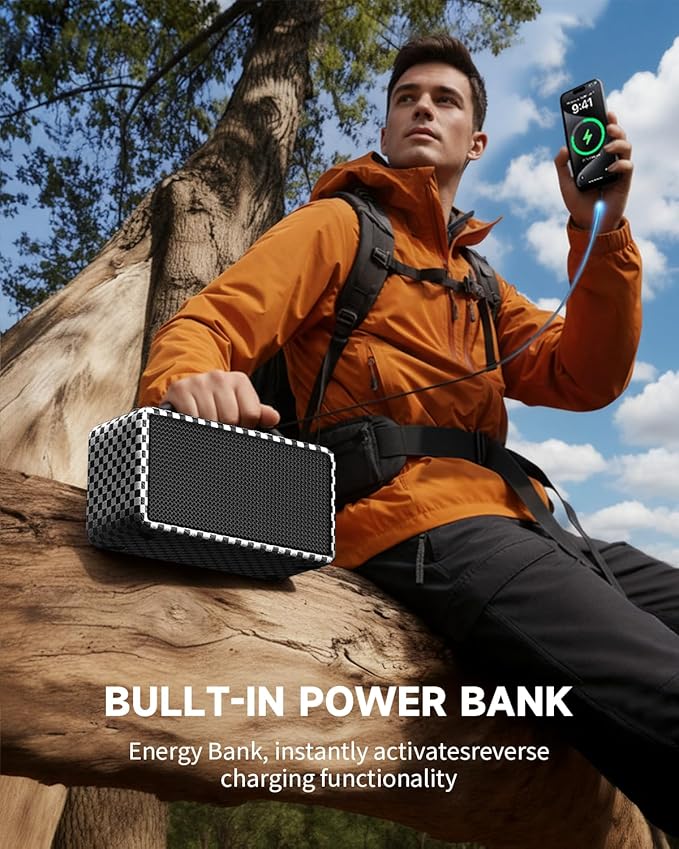DINDIN Portable Bluetooth Speaker: 80W (Peak), 20H Playtime, Loud Wireless Wood Speakers with Bass, AUX and USB Input, Subwoofer, TWS Pairing, Vintage Speaker for Outdoor, Home, Office (White+Black)